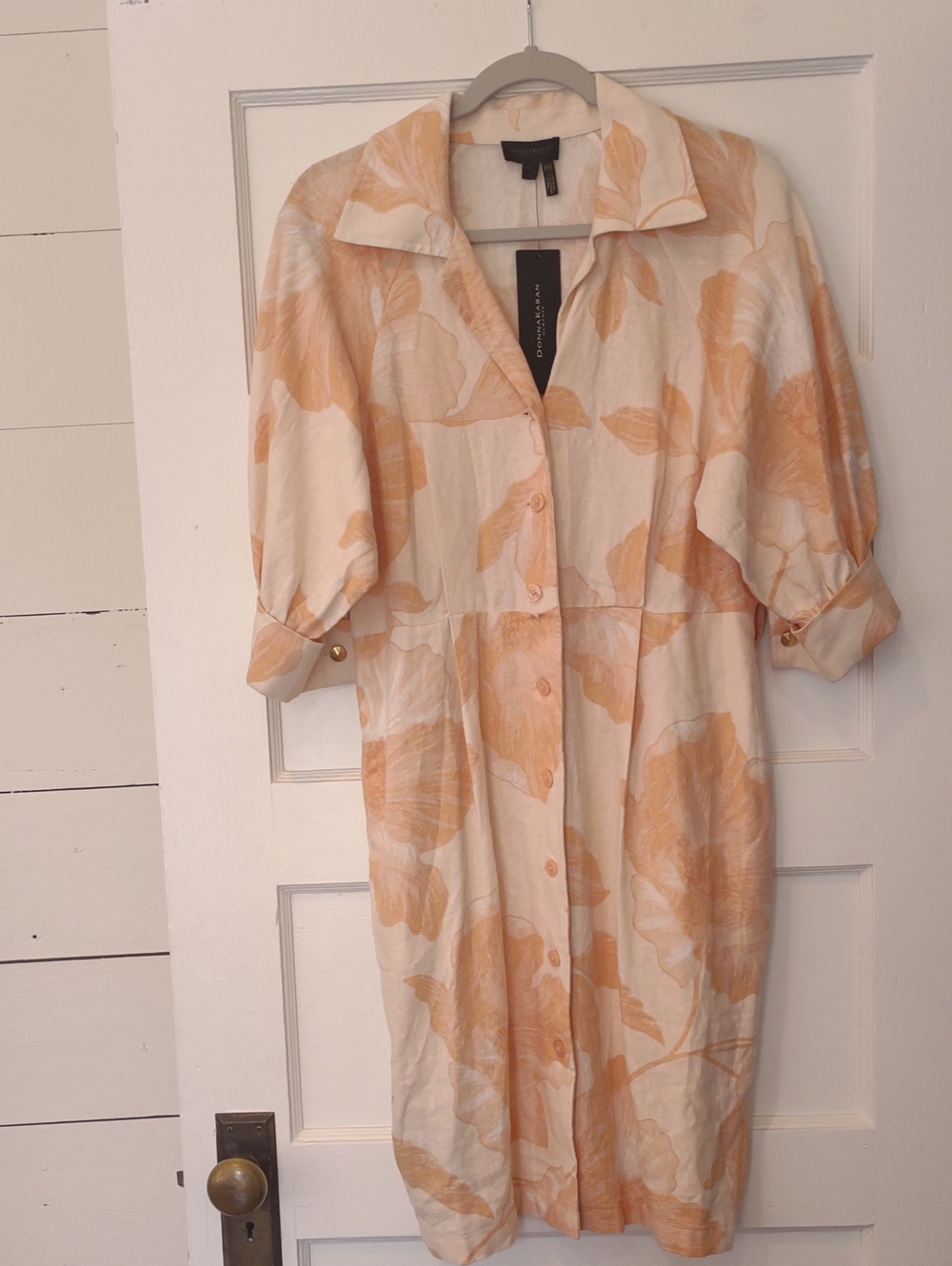 Donna karan New York Peach Linen Shirt Dress With 3/4 Balloon Sleeves Size 10